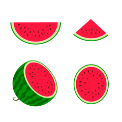 Set of watermelons - a half watermelon, a piece, slice and a triangle of watermelon. Fruit isolated on a white background. Stock vector illustration.