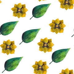 Seamless floral pattern. Yellow flower and green leaf on a white background, watercolor, ink.