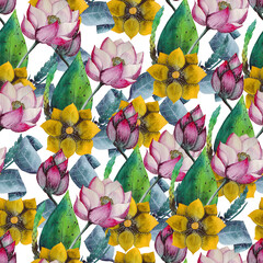 Pattern with water lily flower on turquoise background