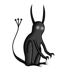 Dark grey monster, demon with tale and horns, white eyes