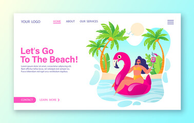 Concept of summer vacation on the beach for landing page. Stylish girl in glasses and beach hat on rubber ring in form of pink flamingo. Against background of beach with palm trees.