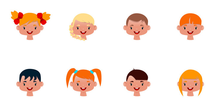 Set of different emotions in children. The head of a child. Bright colorful character for web design. Avatar, icon, place for photo, collage. Boy and girl. Different nationalities. Sticker, sticker.