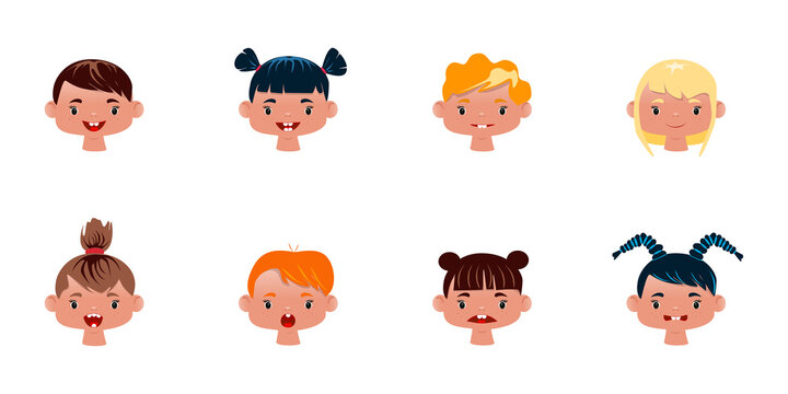 Set of different emotions in children. The head of a child. Bright colorful character for web design. Avatar, icon, place for photo, collage. Boy and girl. Different nationalities. Sticker, sticker.