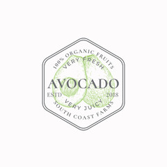 Avocado Farm Frame Badge or Logo Template. Hand Drawn Fruit with Slice Sketch with Retro Typography and Borders. Vintage Premium Circle Emblem.