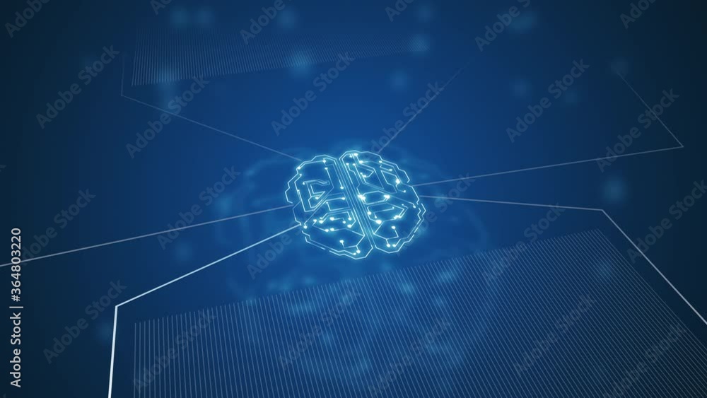 Poster 4k video of digital brain blowing in hud tunnel with multiple lights in blue.