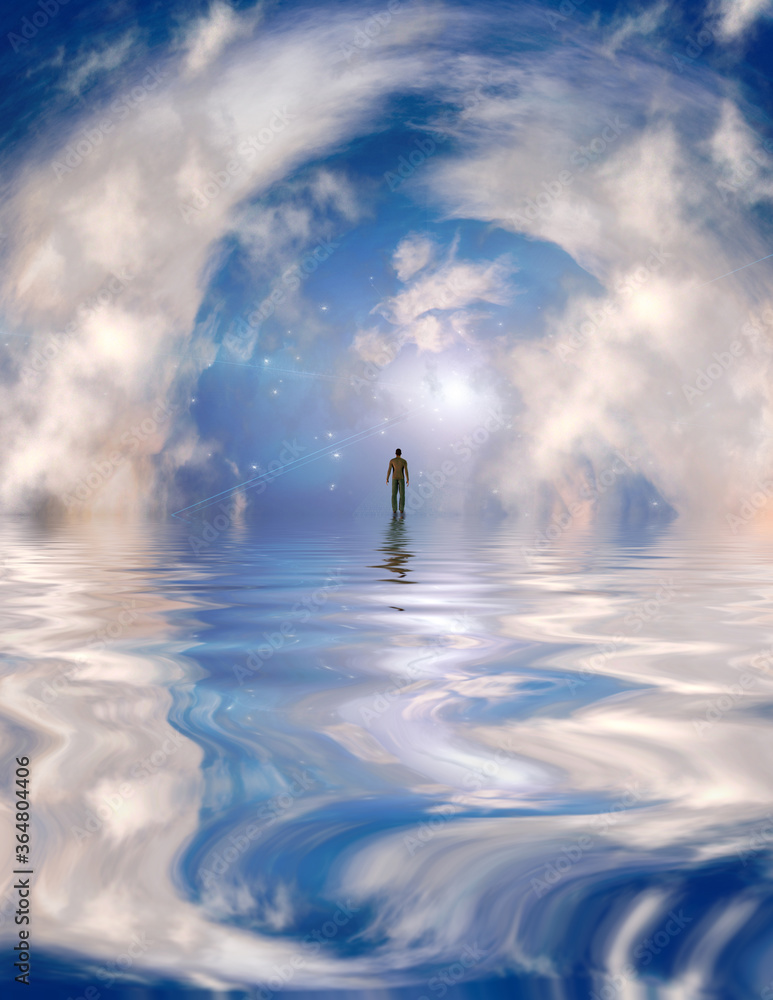 Poster man in distance walks on water. 3d rendering