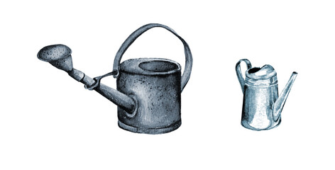 watercolor illustratin. set of metal watering can for watering flowers, retro tools for the garden. isolated on a white background. © Farida
