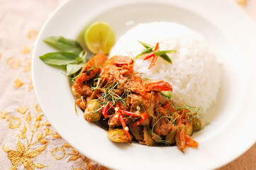 Fried pork with Bitter bean, yellow curry/ original spicy curry from southern, Thailand 