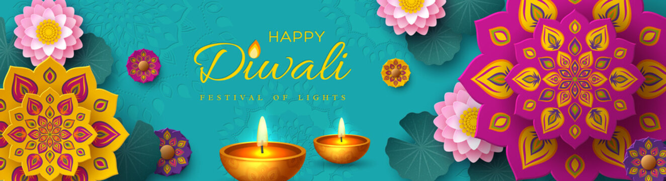 Diwali, festival of lights holiday banner with paper cut style of Indian Rangoli, diya - oil lamp and lotus flowers. Turquoise color background. Vector illustration.