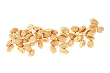 Group of roasted salted peanuts isolated on a white background, top view.