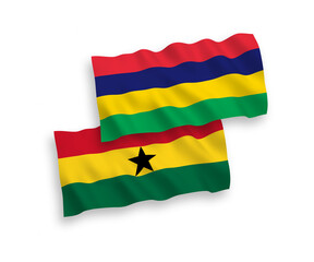 National vector fabric wave flags of Mauritius and Ghana isolated on white background. 1 to 2 proportion.