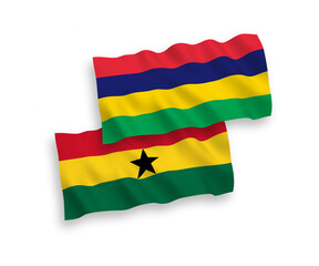 Obraz premium National vector fabric wave flags of Mauritius and Ghana isolated on white background. 1 to 2 proportion.