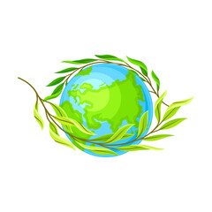 Earth Globe with Green Branch Winding Round as Nature Protection Vector Illustration
