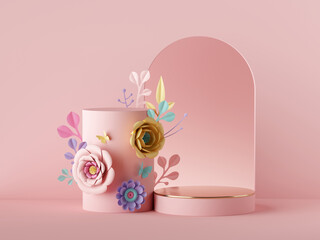 3d render, abstract pink background with floral decor: empty podium, colorful paper flowers, round arch. Luxury fashion design. Shop showcase product display vacant pedestal stage. Blank poster mockup