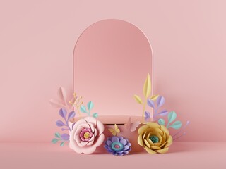 3d render, abstract pink background. Empty podium decorated with colorful paper flowers, fashion design. Shop product display showcase, vacant pedestal, round stage, floral arch. Blank poster mockup