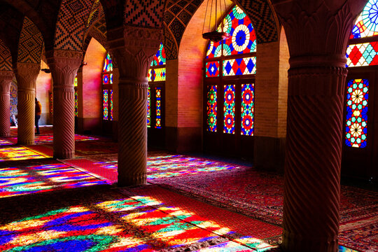 SHIRAZ, IRAN - NOVEMBER 21, 2016: Nasir al-Mulk mosque or Pink mosque, Shiraz, Iran. It was built in 1888 and is known in Persian as Masjed-e Naseer ol Molk.