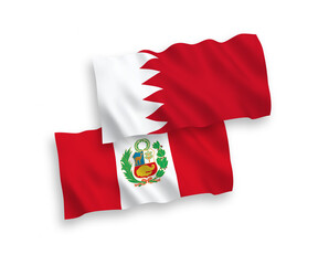National vector fabric wave flags of Peru and Bahrain isolated on white background. 1 to 2 proportion.