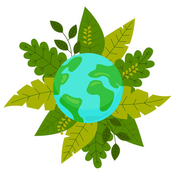 Vector Cartoon Illustration Of Planet Earth. Icon For Website Or App. Map Of The World At Circle Leaves Background. Concept Of Save Nature, Eco Friendly. Using Natural, Save Planet From Plastic