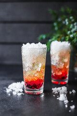 ice cocktail syrup drink, sparkling water alcohol or non-alcoholic beverage food background top view copy space for text organic