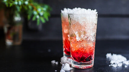 ice cocktail syrup drink, sparkling water alcohol or non-alcoholic beverage food background top view copy space for text organic