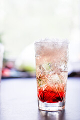 ice cocktail syrup drink, sparkling water alcohol or non-alcoholic beverage food background top view copy space for text organic