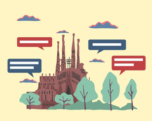 Sagrada familia. Spanish country design model. Historical view of the Linear Plain; flat cartoon style vector illustration. Travel and exhibition in Europe, European vacation collection.