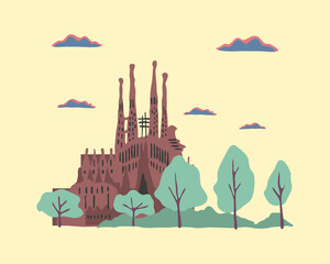 Sagrada familia. Spanish country design model. Historical view of the Linear Plain; flat cartoon style vector illustration. Travel and exhibition in Europe, European vacation collection.