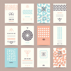 Wedding, Valentine's day, birthday party invitation, greeting cards. Hipster collection of templates with hand drawn textures, brush strokes, trendy thin line icons, geometric signs, tribal symbols.