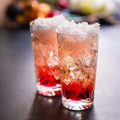ice cocktail syrup drink, sparkling water alcohol or non-alcoholic beverage food background top view copy space for text organic