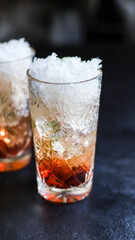 ice cocktail syrup drink, sparkling water alcohol or non-alcoholic beverage food background top view copy space for text organic