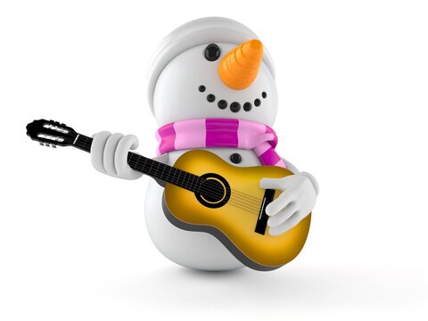 Snowman character playing guitar