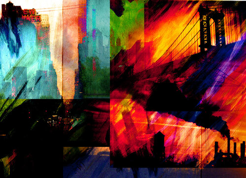 Surreal modern art. Manhattan bridge. 3D rendering © rolffimages