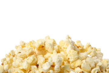 Tasty popcorn isolated on white background, close up
