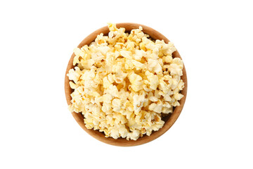 Bowl with tasty popcorn isolated on white background