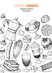 Coffee shop menu design. Hand drawn sketch illustration. Coffee, tea and desserts. Cafe menu elements. Desserts for breakfast.