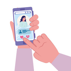 Hand holding smartphone with woman and chatting bubble design, Message chat and communication theme Vector illustration