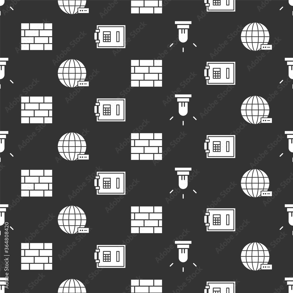 Poster set motion sensor, social network, bricks and safe on seamless pattern. vector.