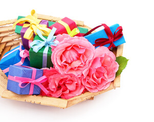 Pink roses with gift box.