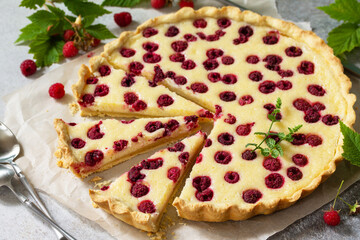Delicious Berry pie. Sweet summer raspberry pie, tart with fresh berry raspberry on stone countertop.