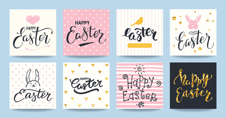 Obraz na płótnie Canvas Happy Easter greeting card, party invitation, promotion poster, banner, flyer. Artistic templates collection with gold glittered texture, modern handwritten lettering, holiday symbols, bird and bunny.