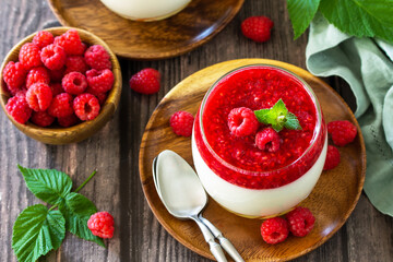 Raspberry Panna cotta with raspberry jelly, Italian dessert, homemade cuisine.