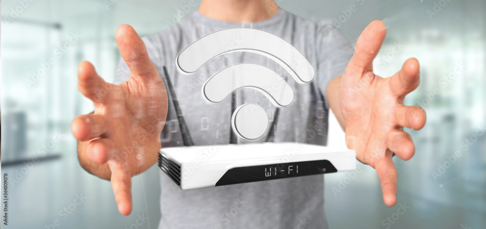Poster businessman holding a wifi router and data - 3d rendering