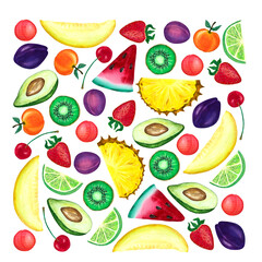 Watercolor illustration of summer fruits set, composition in the shape of square. For flyer, card, label and poster.