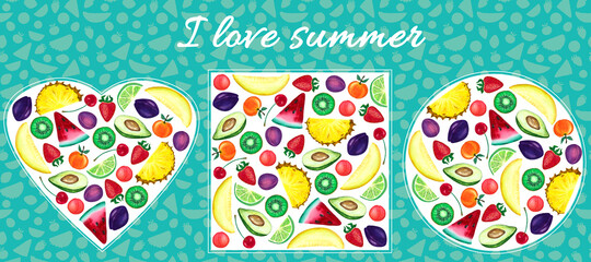 Watercolor illustration of summer fruit set in the shape of circle, heart and square. For flyer, card, label and poster.