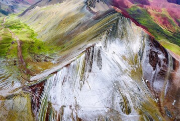 Rainbow mountain and snow-capped slope in Andes