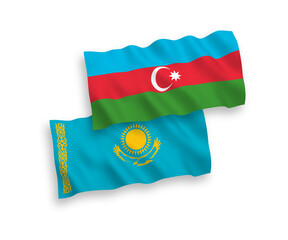 National vector fabric wave flags of Kazakhstan and Azerbaijan isolated on white background. 1 to 2 proportion.