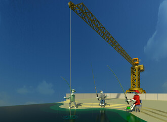 Fishing competition 3D illustration. Three angler and a crane operator characters waiting for the big catch. Collection.