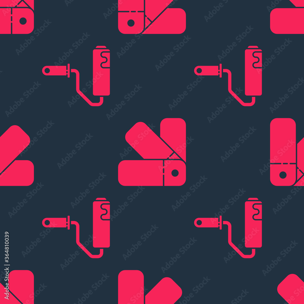 Poster set paint roller brush and color palette guide on seamless pattern. vector.