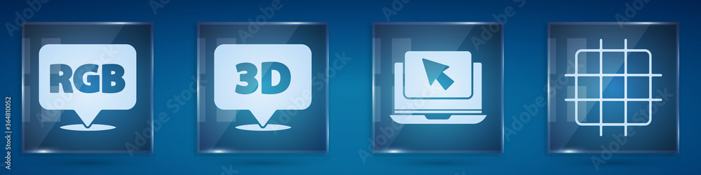 Poster set speech bubble with rgb and cmyk, speech bubble with text 3d, laptop and cursor and grid graph pa