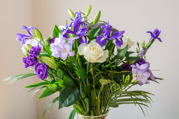 Flower bouquet, wedding flowers, valentine's flowers, bouquet of roses, irises and decorative leaves